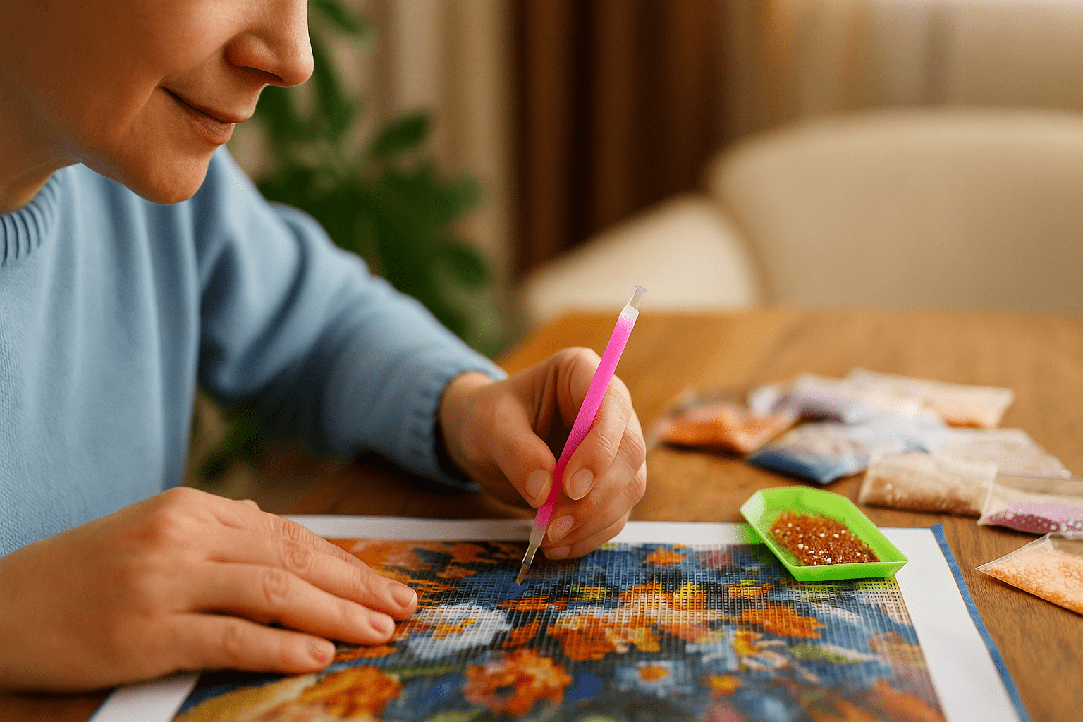 Person beim Diamond Painting – kreative Achtsamkeit zur Stressbewältigung