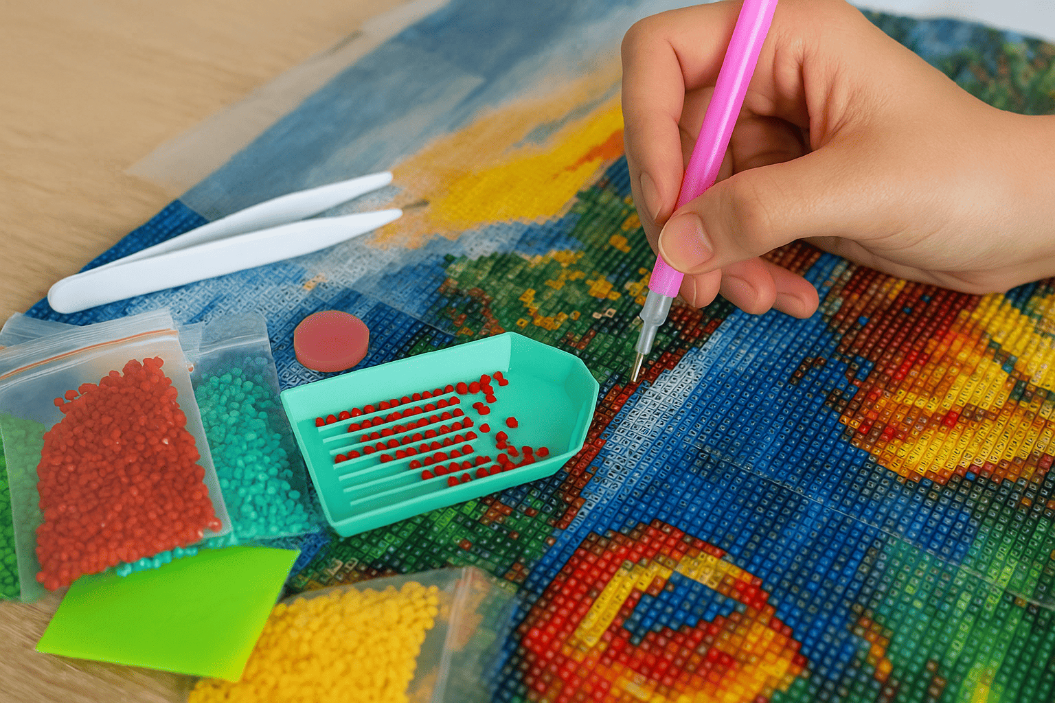 Diamond Painting Zubehör auf einem Holztisch – sortierte Steinchen, Schale, Wachs und Leinwand im Sonnenlicht.