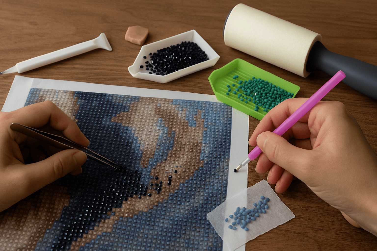 Diamond Painting mit fehlerhaft geklebten Steinchen, Pinzette und Korrekturhilfe