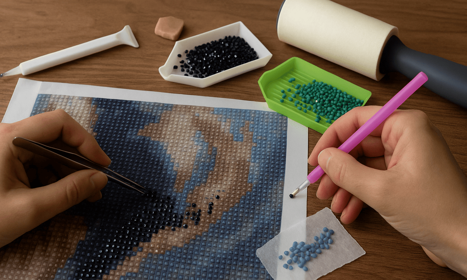 Diamond Painting mit fehlerhaft geklebten Steinchen, Pinzette und Korrekturhilfe