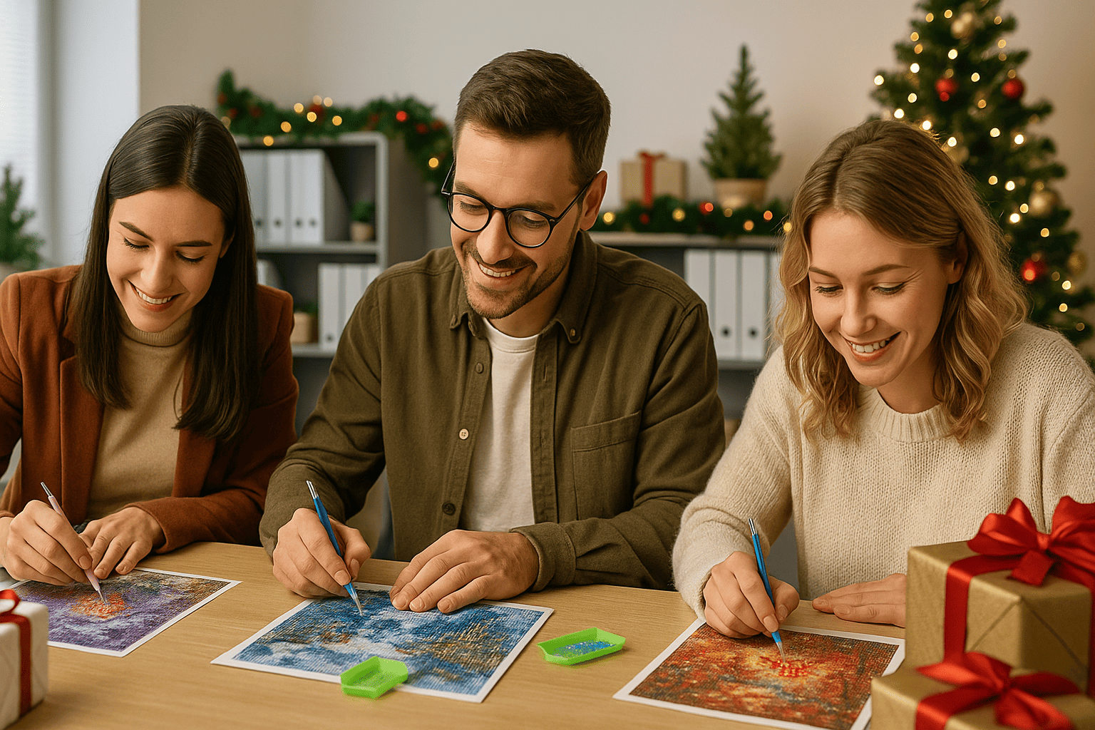 Kreativer Workshop mit Diamond Painting im Unternehmen – Kolleg:innen gestalten gemeinsam ein farbenfrohes Kunstwerk