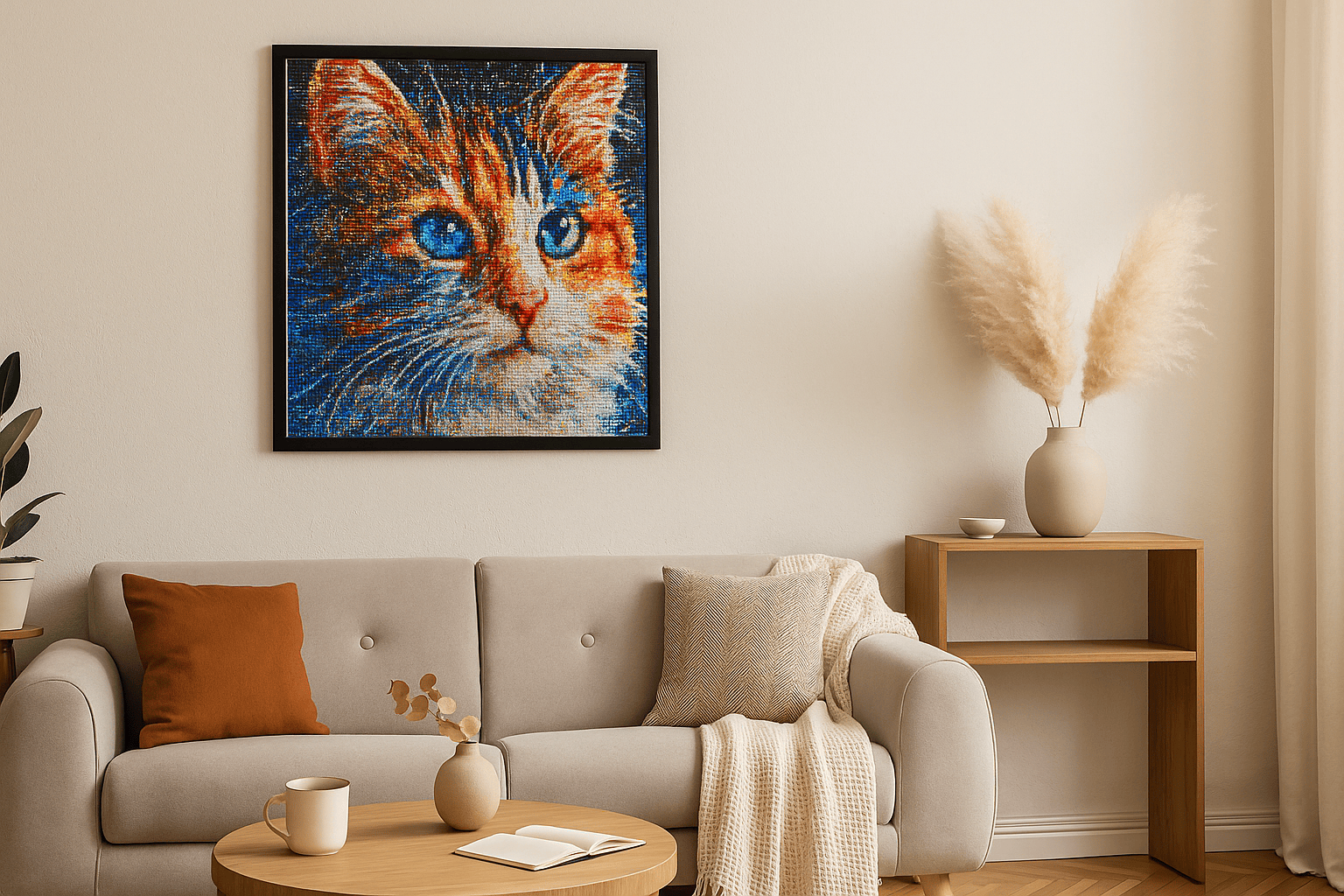 Diamond Painting eines bunten Katzenmotivs über einem beigen Sofa in stilvoll eingerichteter Wohnzimmerecke