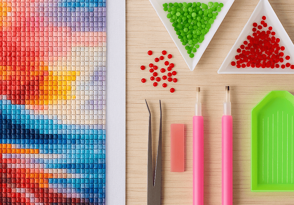 Diamond Painting Zubehör: verschiedene Werkzeuge, Sortierschalen und bunte Steinchen ordentlich auf einem Tisch arrangiert