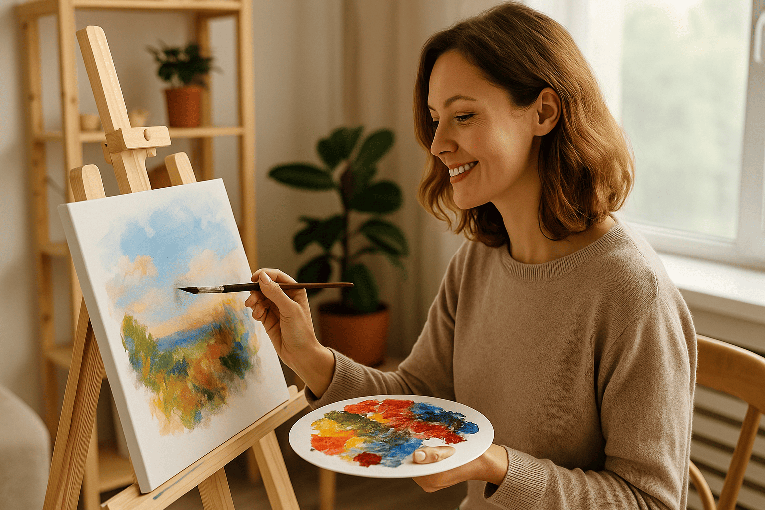 Zufriedene Frau malt in einem hellen Raum an einem farbenfrohen Kunstwerk – Hobbykreativität in Aktion.