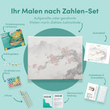 Malen nach Zahlen Kirschblüten vor nebelverhangenen Berggipfeln – Japandi-Panorama Japan