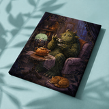 Fertige Leinwand Auch Monster trinken Tee auf Stoff