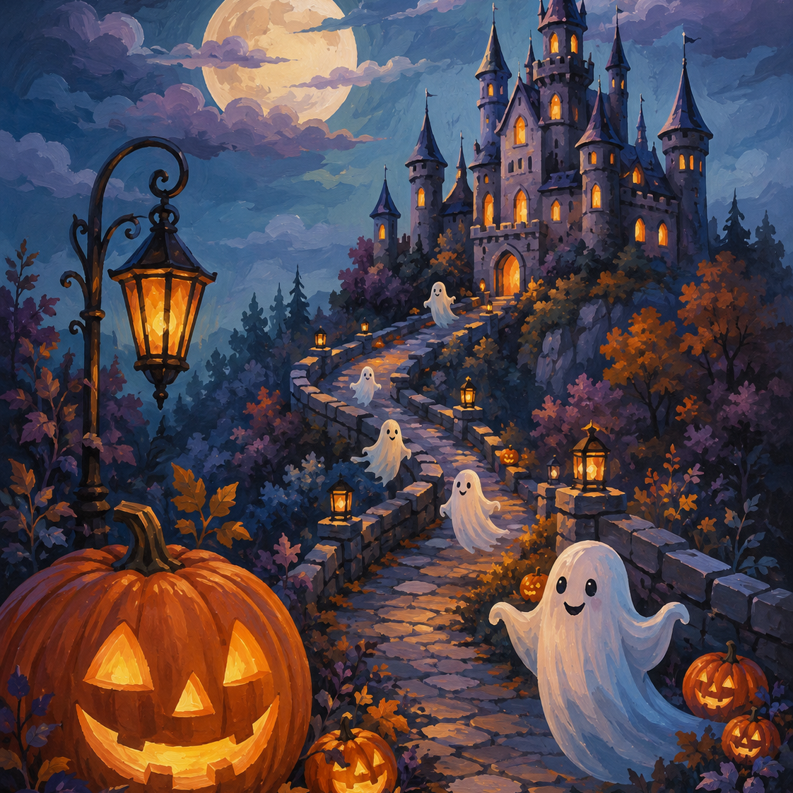 Malen nach Zahlen Burg der freundlichen Geister – Halloween-Motiv