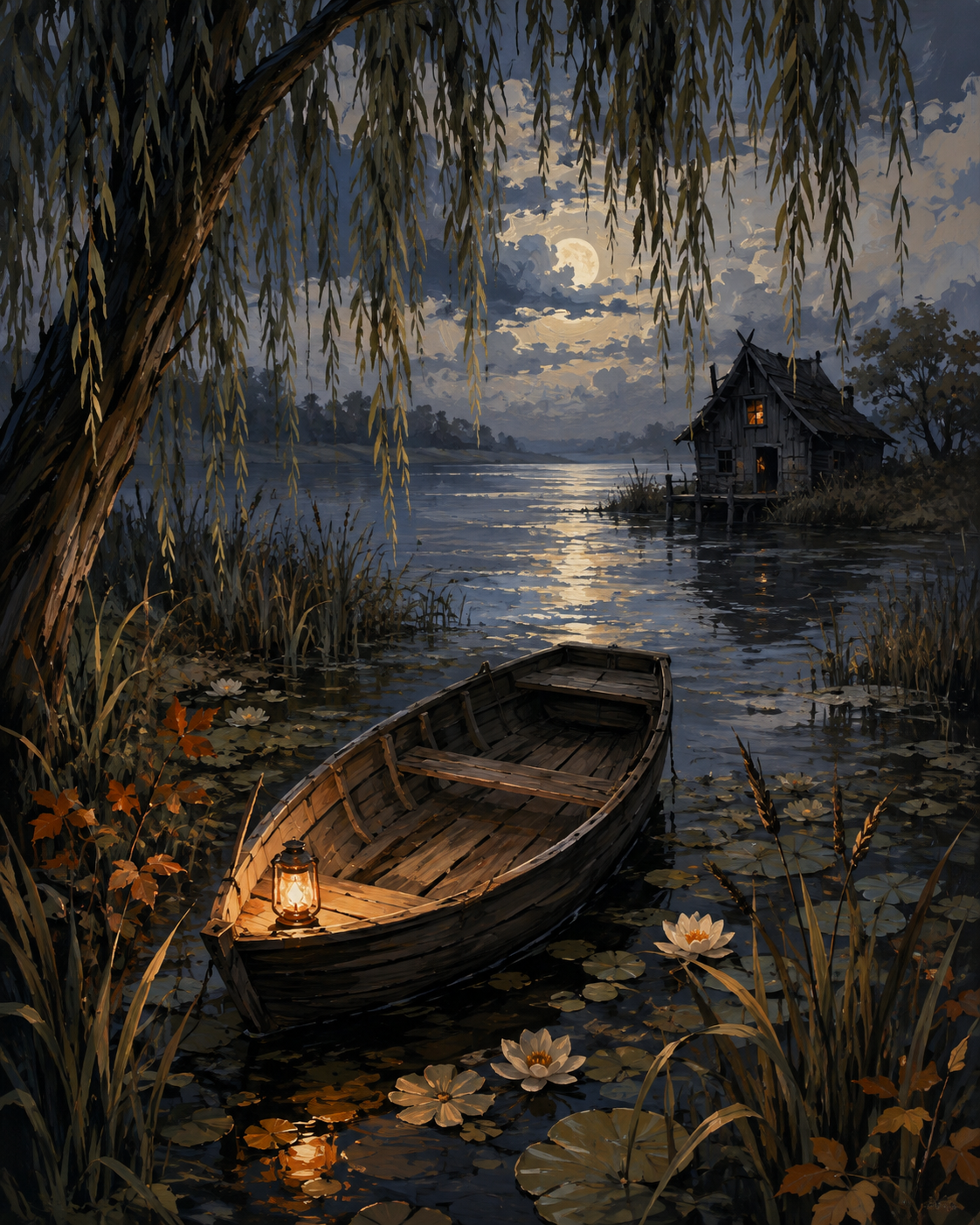 Malen nach Zahlen Das Boot unter den Weiden – Halloween-Motiv