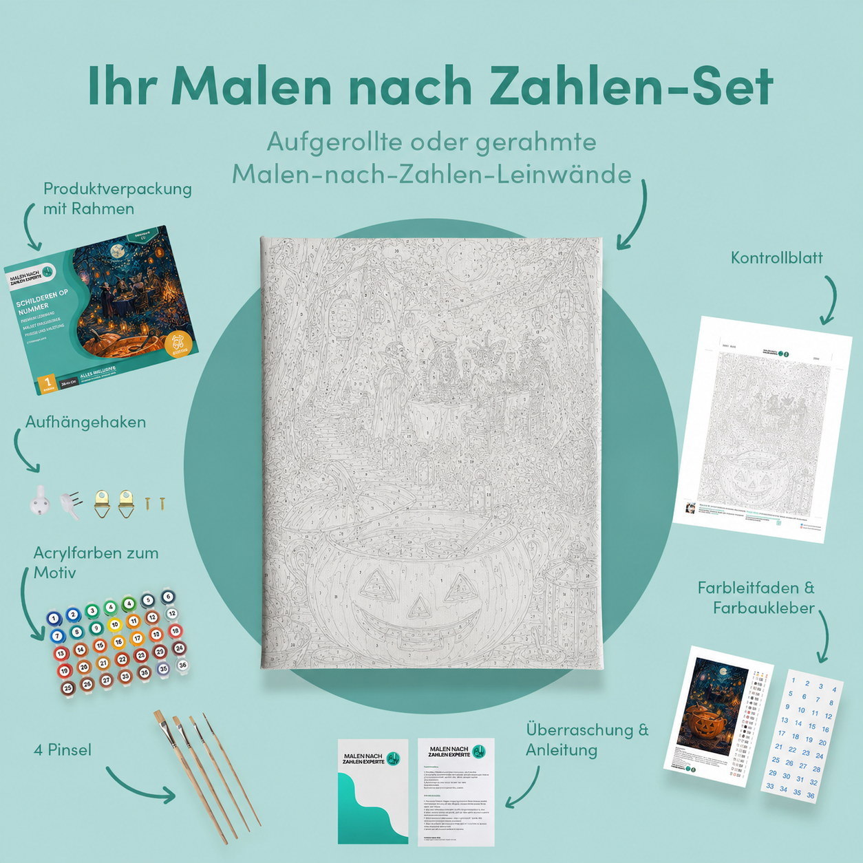 Inhalt des Malen-nach-Zahlen-Sets Das Fest der Nachtgestalten
