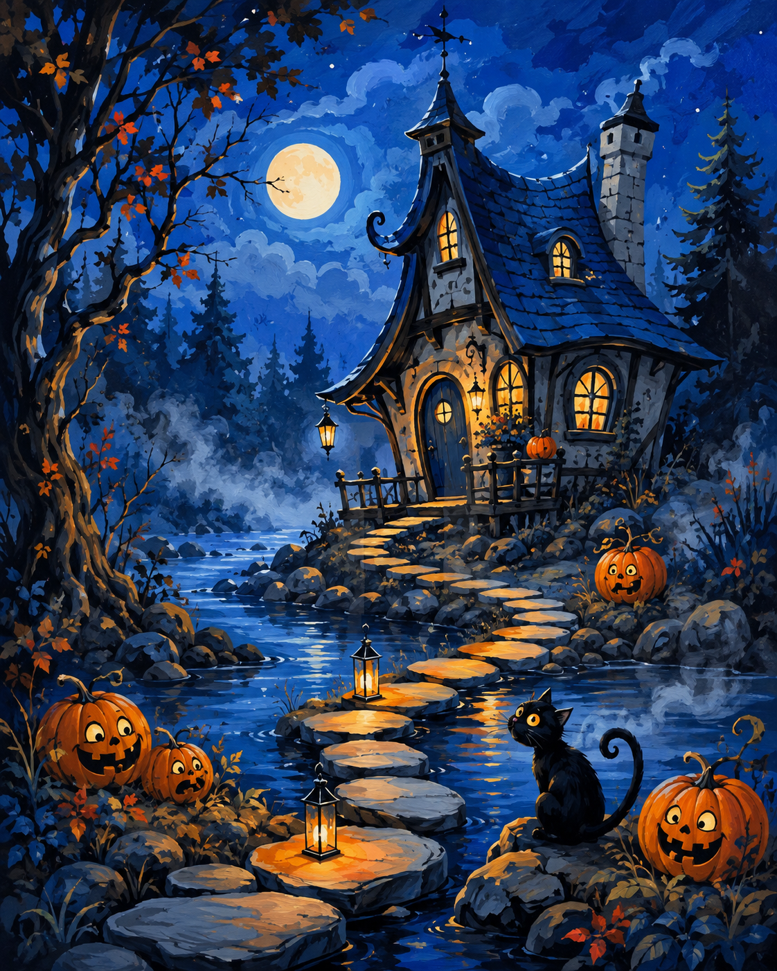 Malen nach Zahlen Das geheimnisvolle Cottage am Bach – Halloween-Motiv