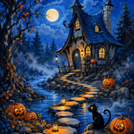 Malen nach Zahlen Das geheimnisvolle Cottage am Bach – Halloween-Motiv