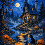Malen nach Zahlen Das geheimnisvolle Cottage am Bach – Halloween-Motiv