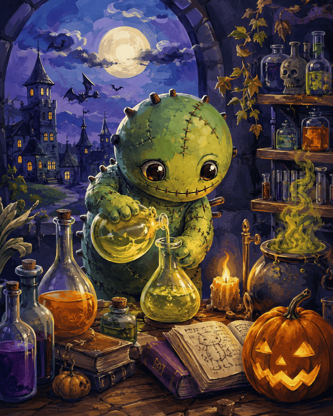 Malen nach Zahlen Das grüne Laborwesen – Halloween-Motiv