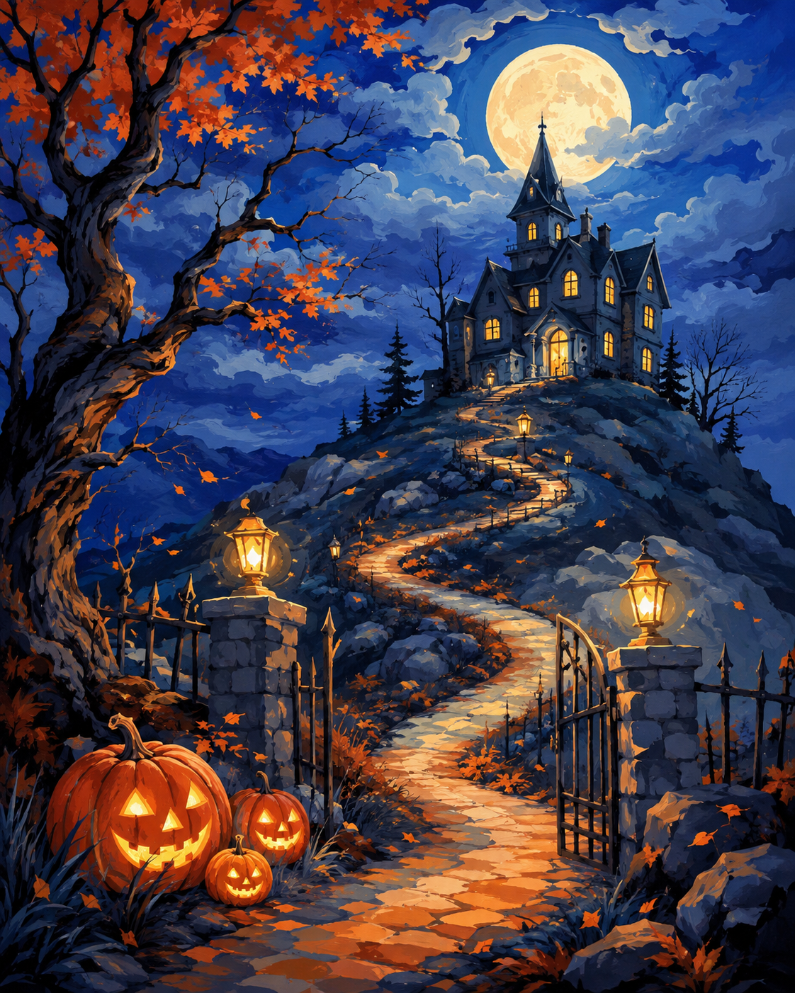 Malen nach Zahlen Das Haus auf dem Spukhügel – Halloween-Motiv