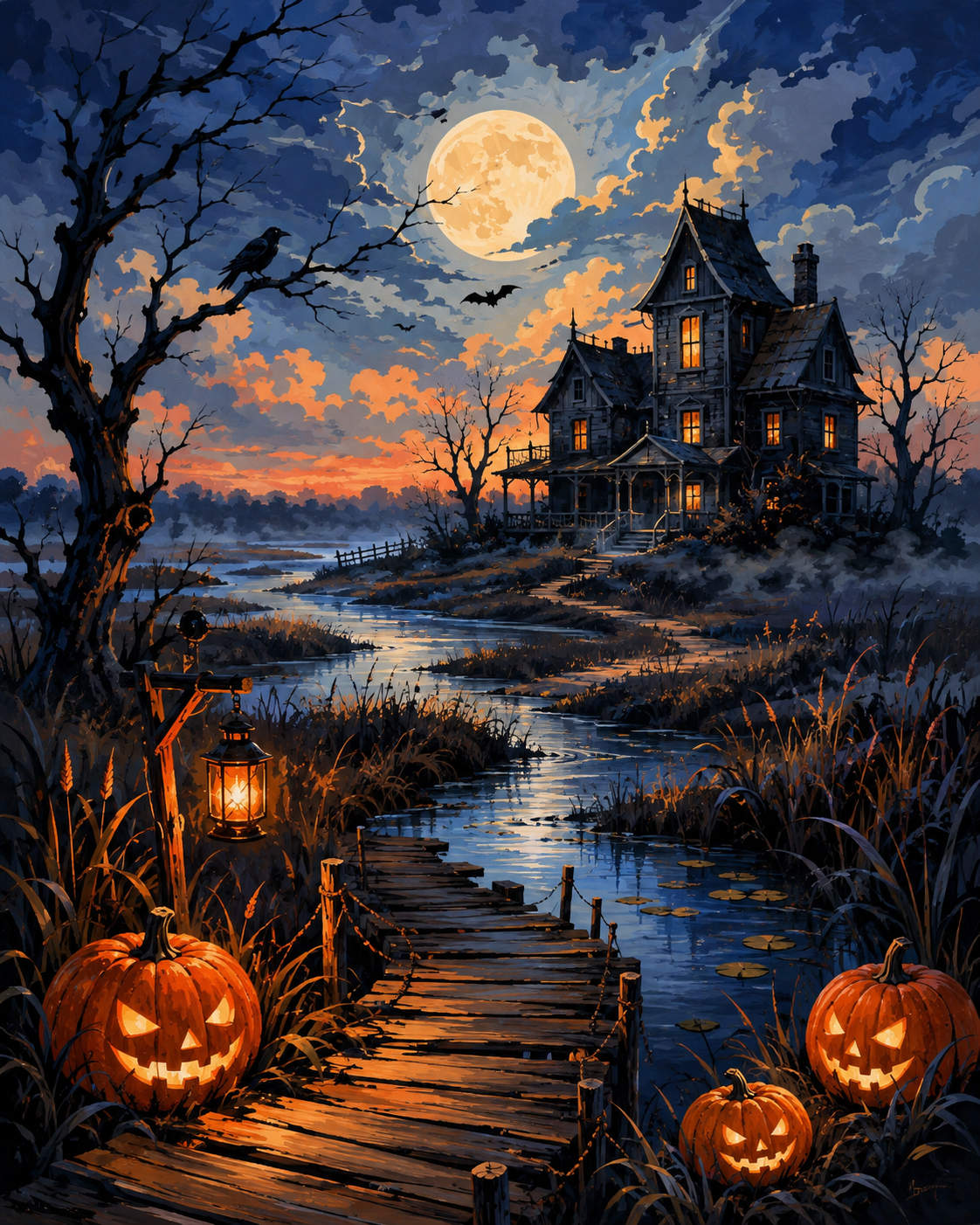 Malen nach Zahlen Das verlassene Haus am Moor – Halloween-Motiv