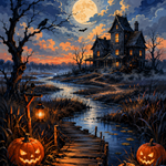 Malen nach Zahlen Das verlassene Haus am Moor – Halloween-Motiv