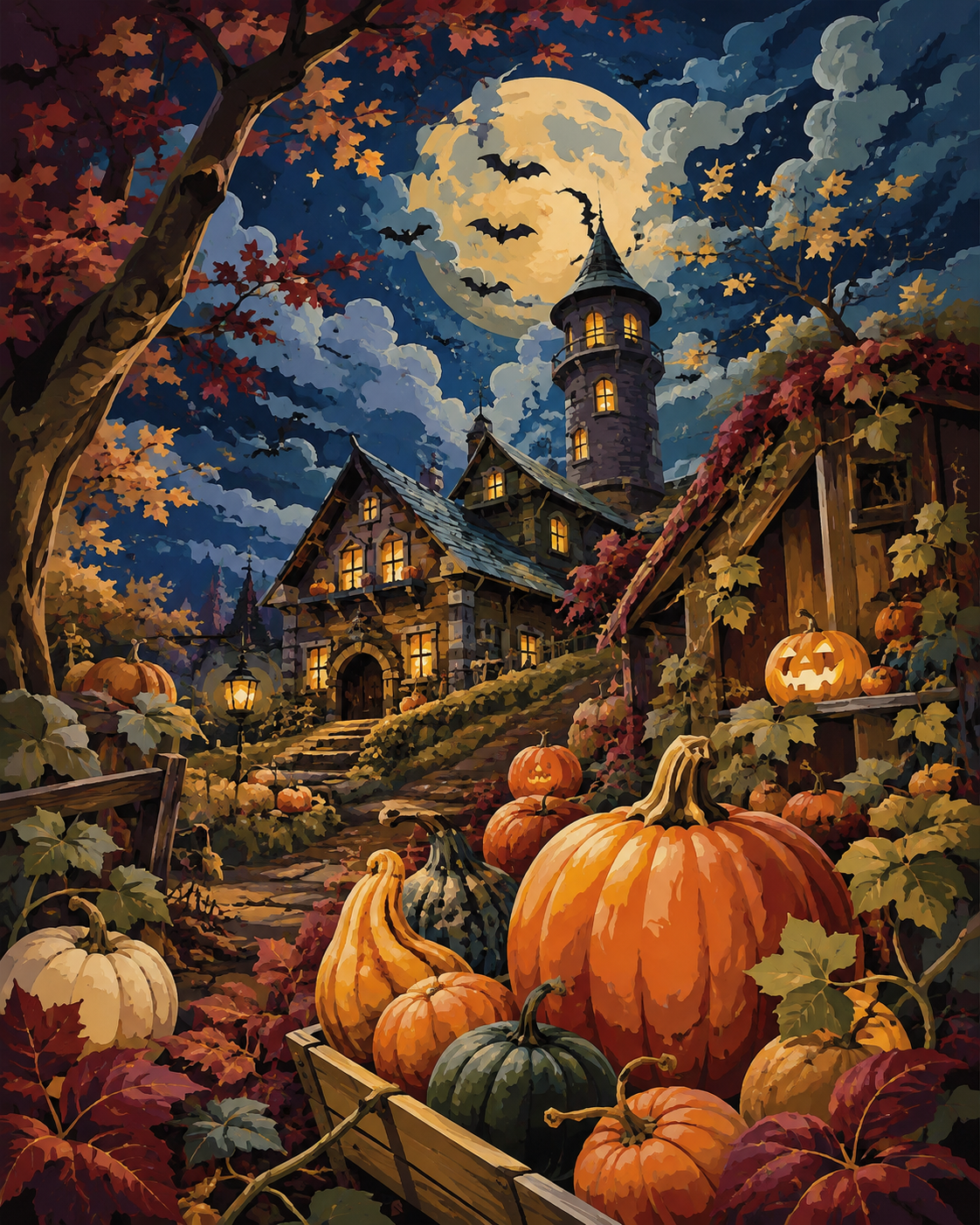 Malen nach Zahlen Der bunte Kürbishof – Halloween-Motiv