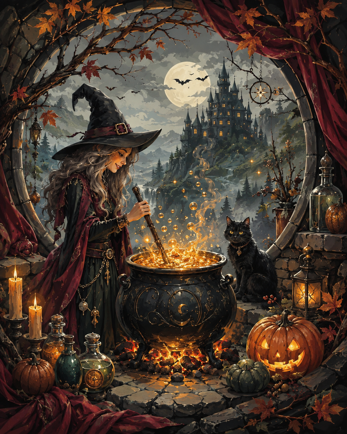Malen nach Zahlen Der funkelnde Hexenkessel – Halloween-Motiv