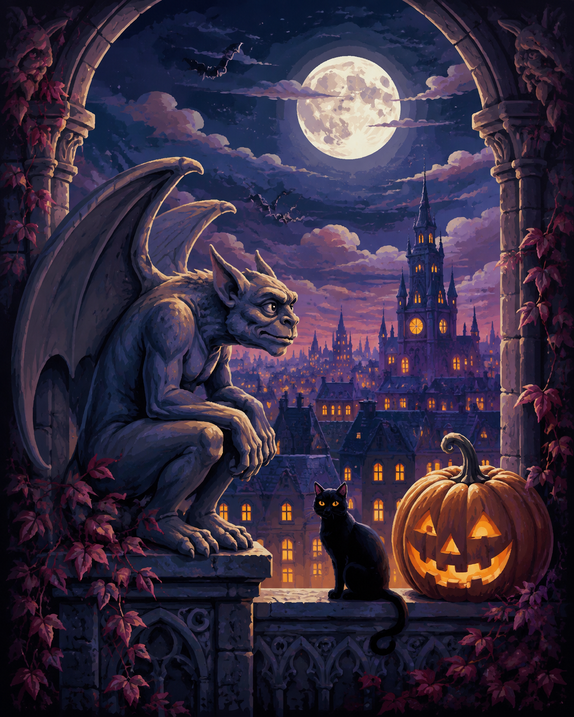 Malen nach Zahlen Der Gargoyle über der Stadt – Halloween-Motiv