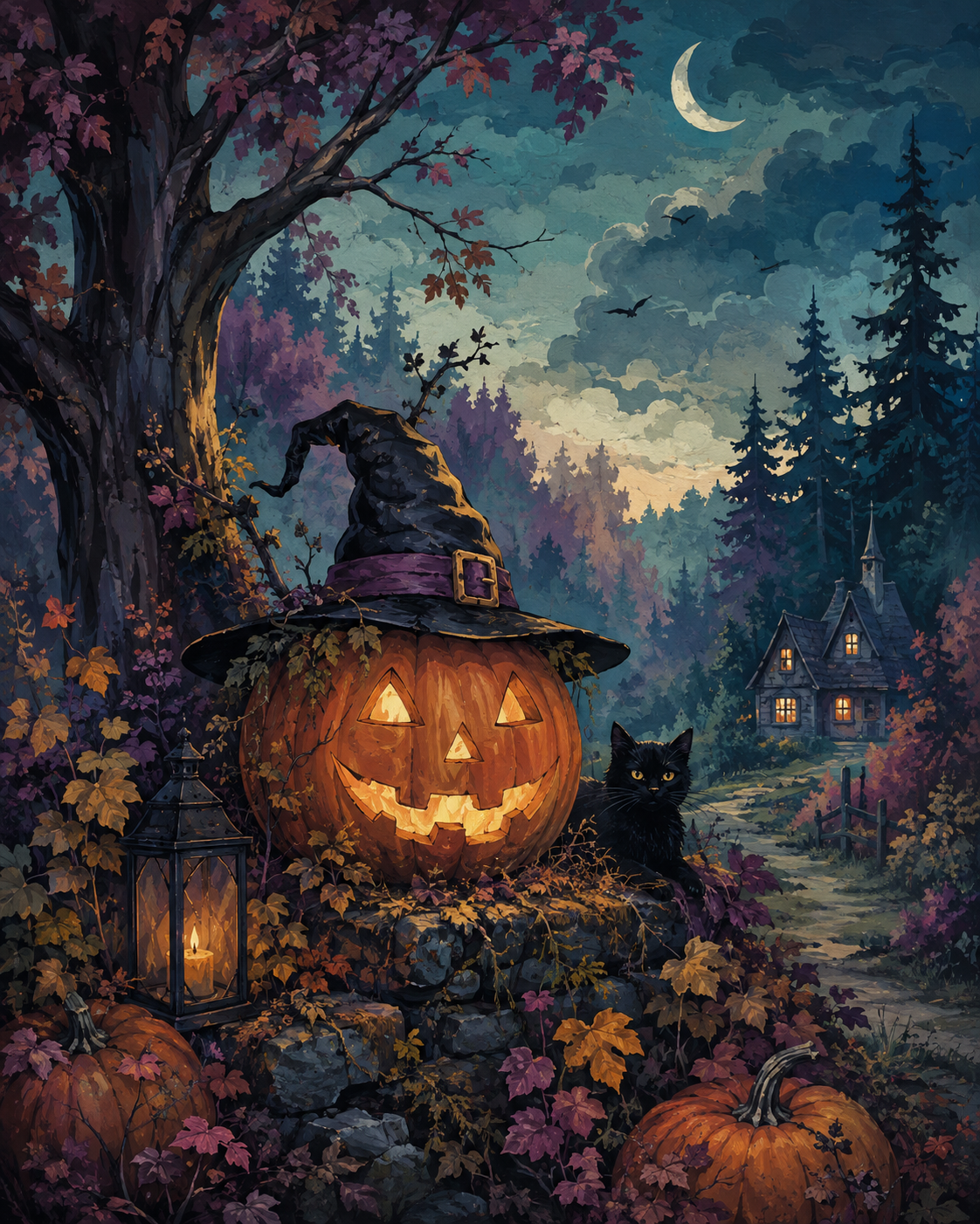 Malen nach Zahlen Der Hexenkürbis am Waldrand – Halloween-Motiv