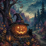Malen nach Zahlen Der Hexenkürbis am Waldrand – Halloween-Motiv