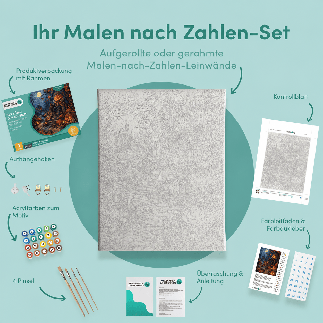 Inhalt des Malen-nach-Zahlen-Sets Der König der Kürbisse