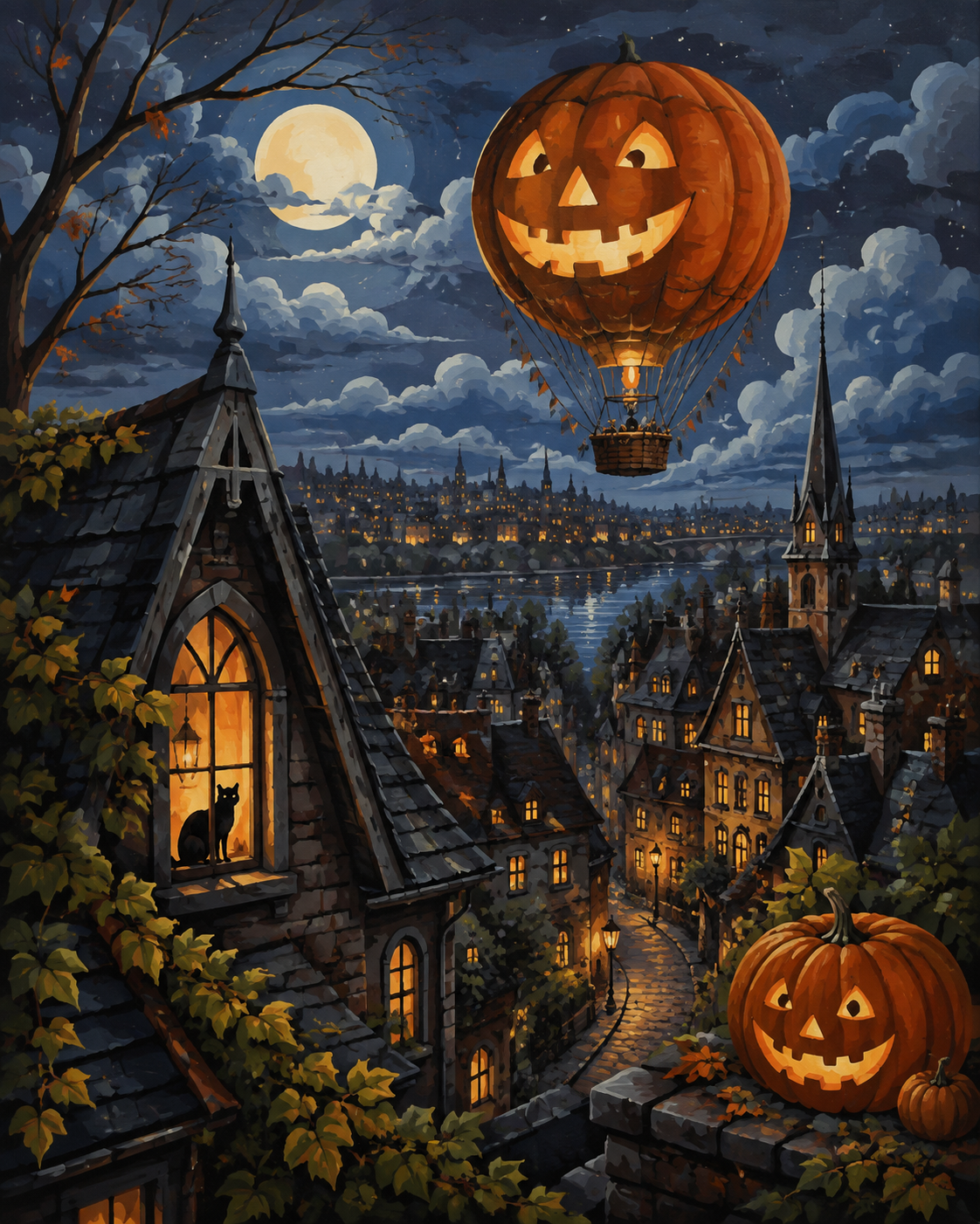 Malen nach Zahlen Der Kürbisballon über der Nachtstadt – Halloween-Motiv