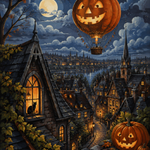 Malen nach Zahlen Der Kürbisballon über der Nachtstadt – Halloween-Motiv
