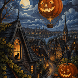 Malen nach Zahlen Der Kürbisballon über der Nachtstadt – Halloween-Motiv