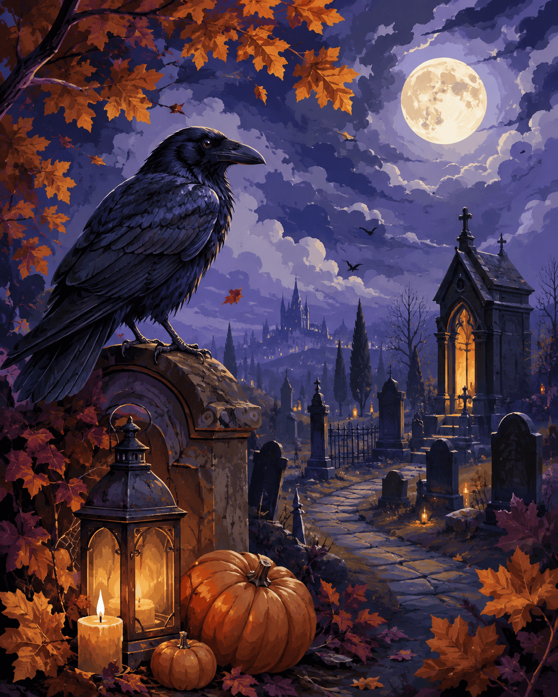 Malen nach Zahlen Der Rabe über dem alten Friedhof – Halloween-Motiv