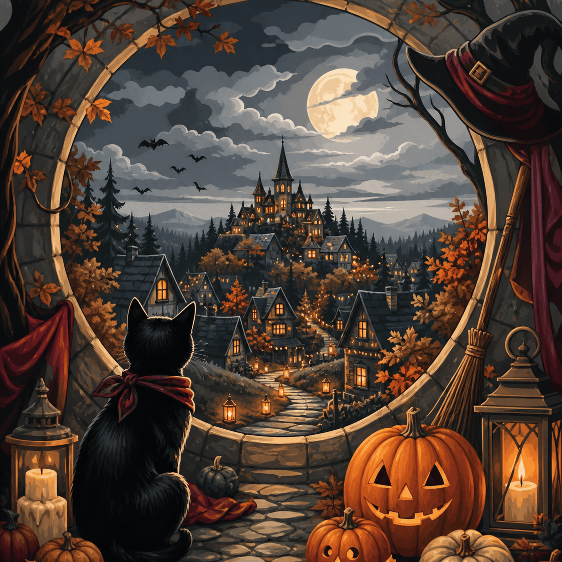 Malen nach Zahlen Der Weg zum Lichterdorf – Halloween-Motiv