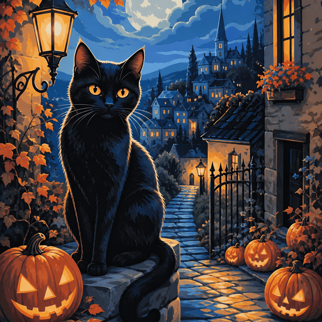 Malen nach Zahlen Der Zauber der schwarzen Katze – Halloween-Motiv
