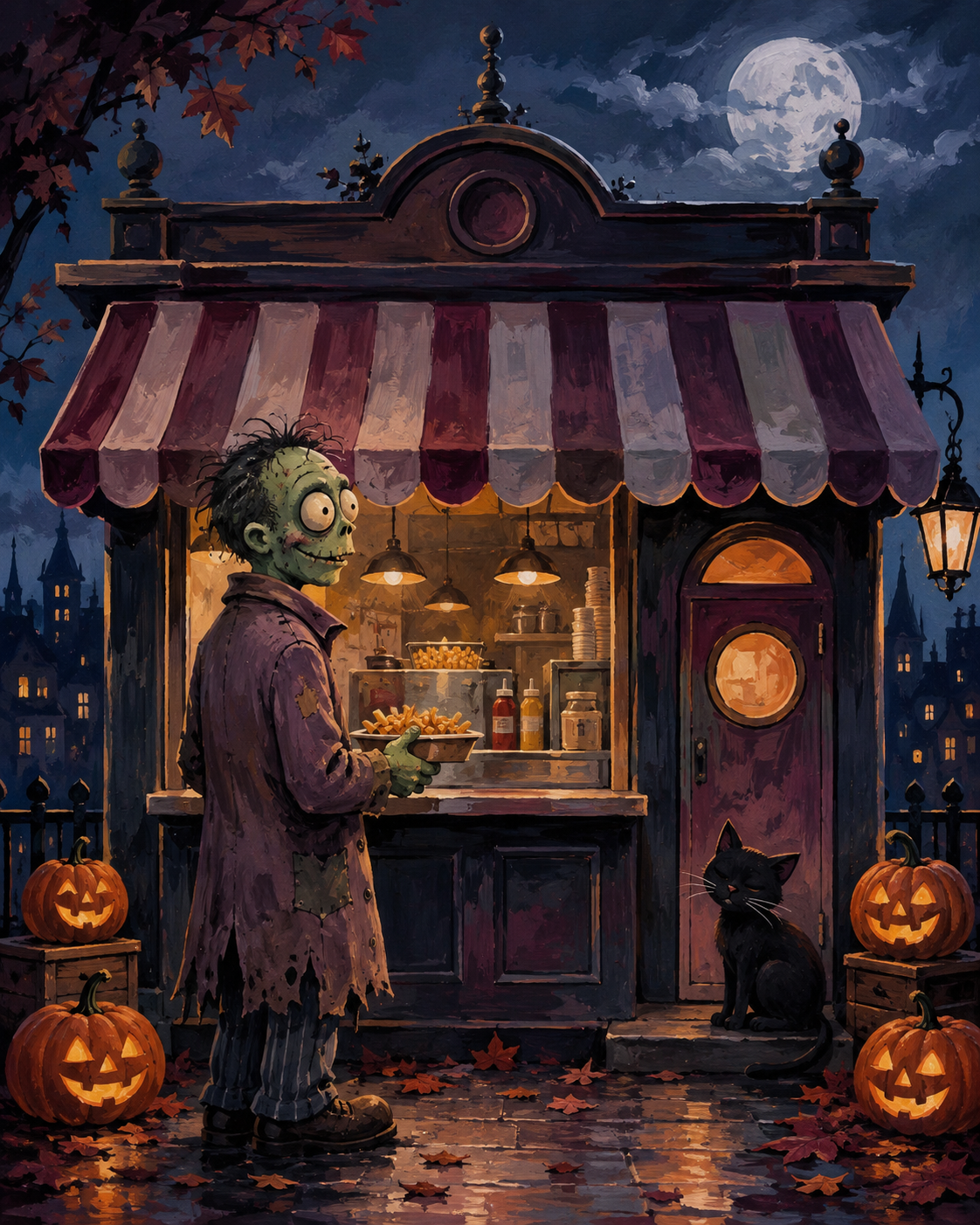 Malen nach Zahlen Der Zombie vor der Imbissbude – Halloween-Motiv