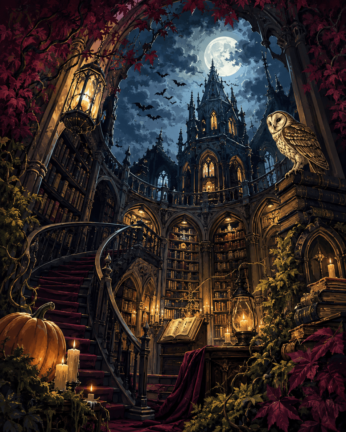 Malen nach Zahlen Die Bibliothek der flüsternden Bücher – Halloween-Motiv