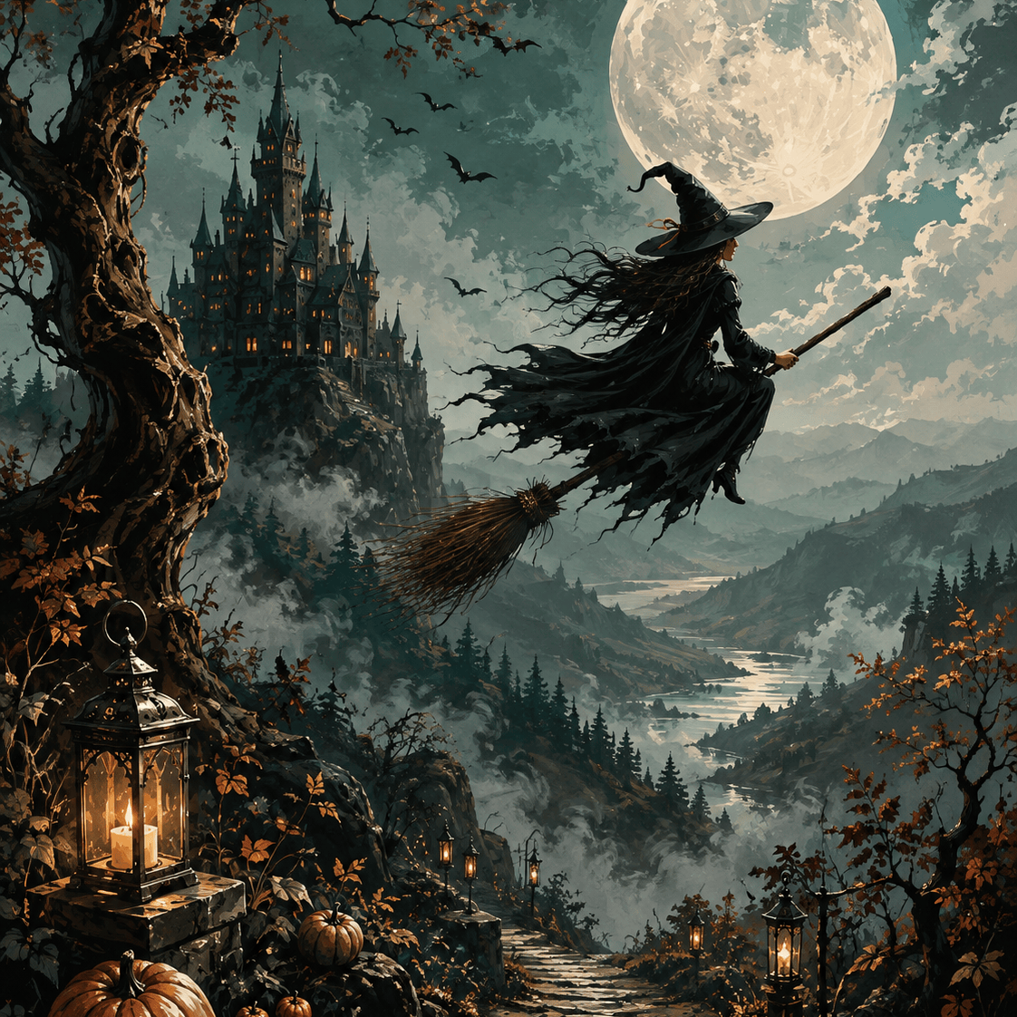 Malen nach Zahlen Die Hexe im kalten Mondlicht – Halloween-Motiv