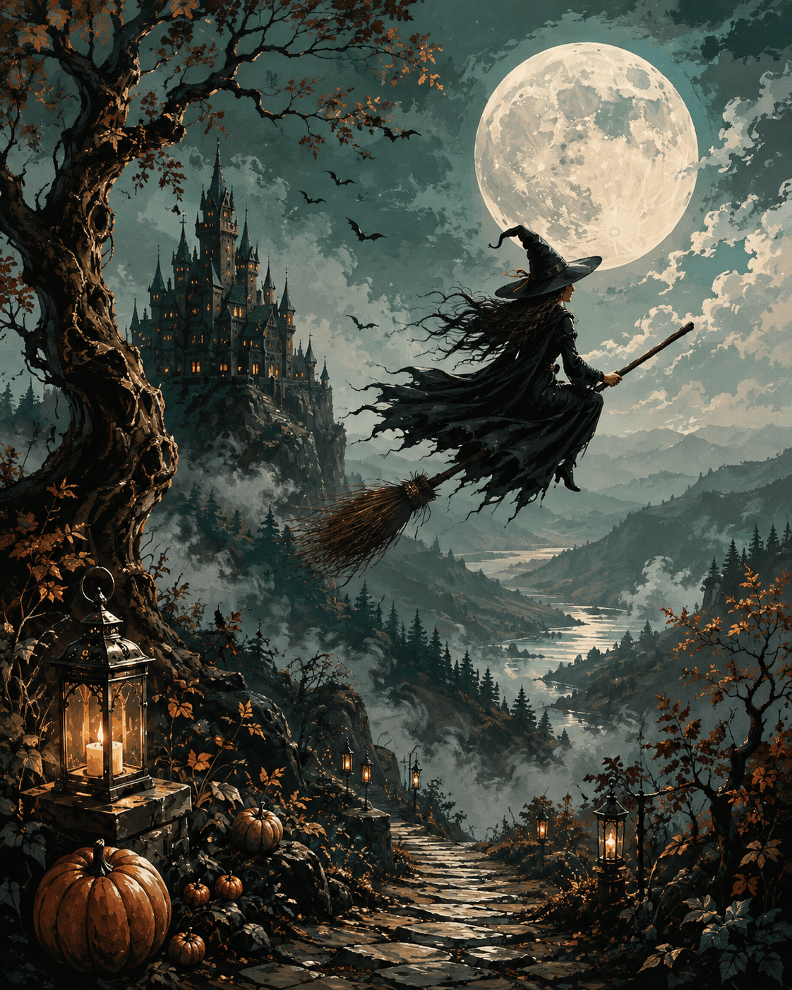 Malen nach Zahlen Die Hexe im kalten Mondlicht – Halloween-Motiv
