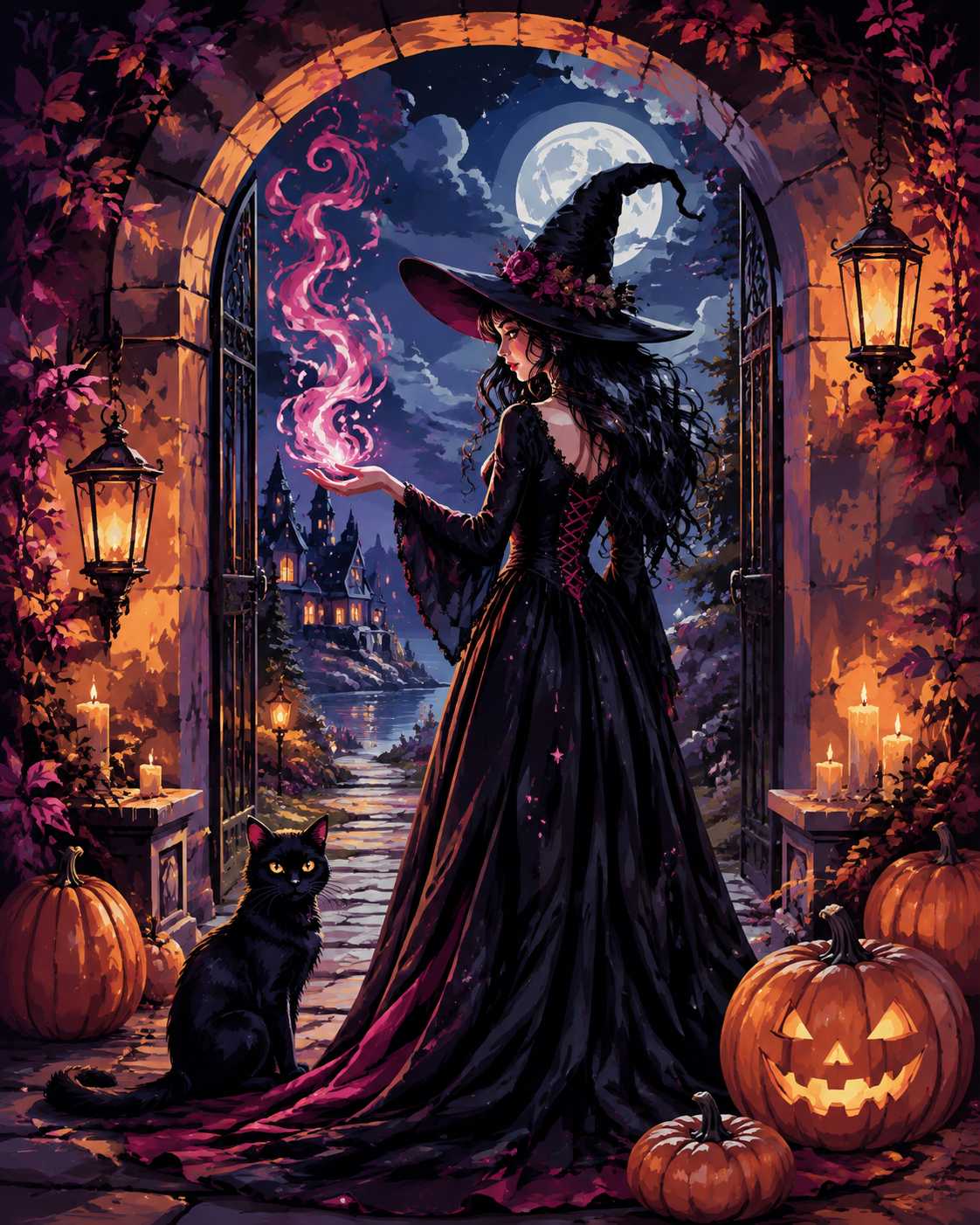 Malen nach Zahlen Die Hexe im schwarzen Kleid – Halloween-Motiv