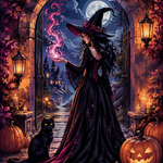 Malen nach Zahlen Die Hexe im schwarzen Kleid – Halloween-Motiv