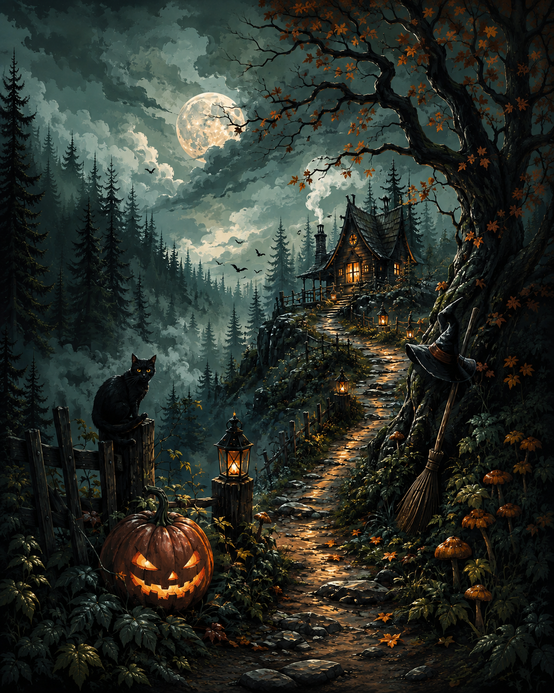 Malen nach Zahlen Die Hütte am Hexenpfad – Halloween-Motiv
