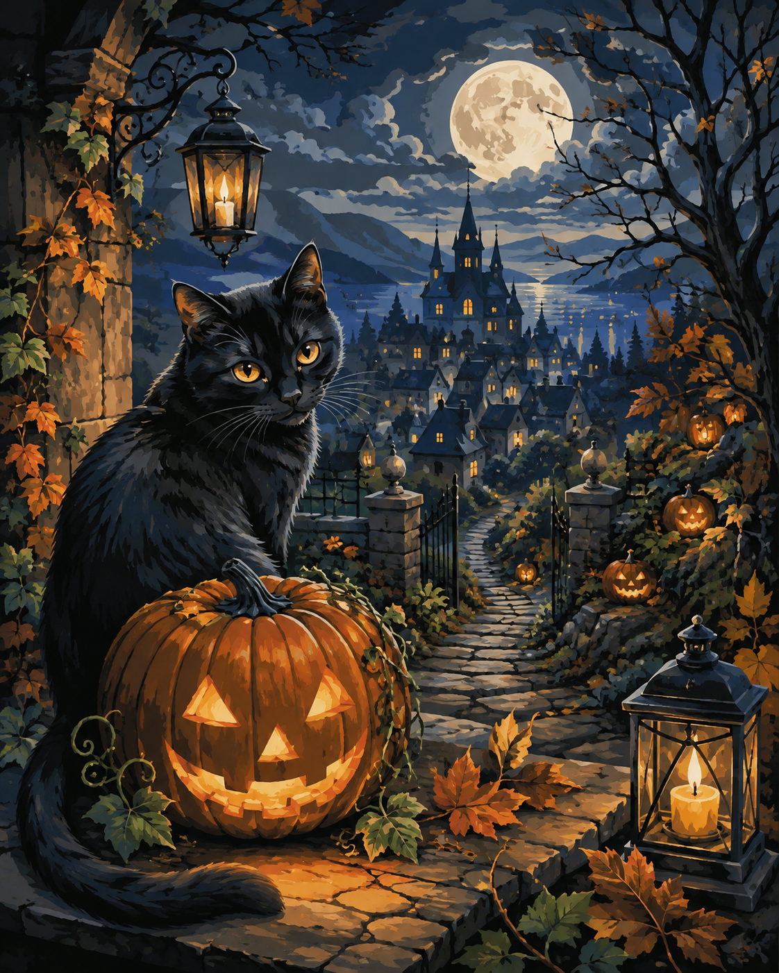 Malen nach Zahlen Die Katze im Kürbislicht – Halloween-Motiv