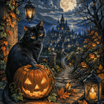 Malen nach Zahlen Die Katze im Kürbislicht – Halloween-Motiv