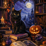 Malen nach Zahlen Die Katze in der Zauberbibliothek – Halloween-Motiv
