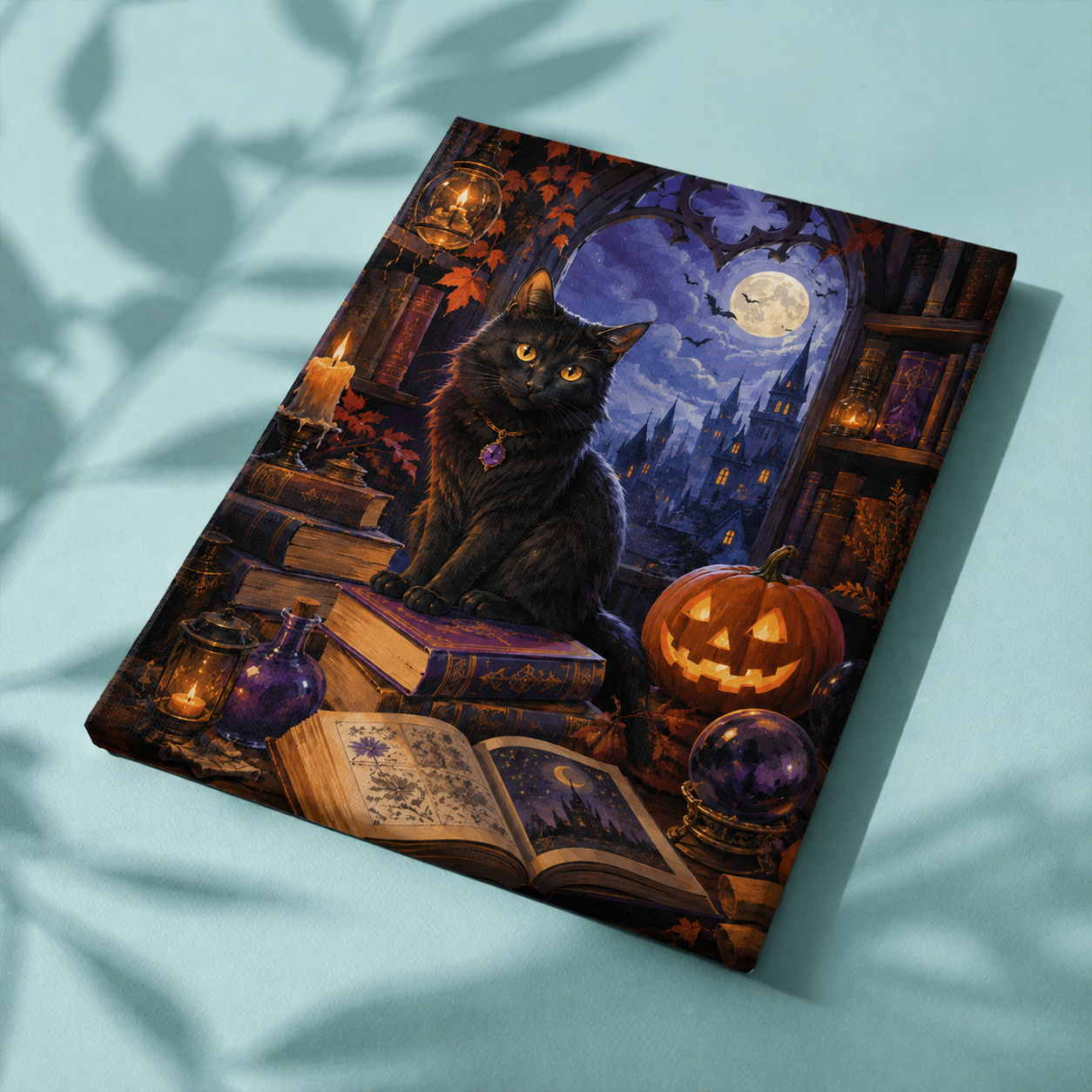 Fertige Leinwand Die Katze in der Zauberbibliothek auf Stoff