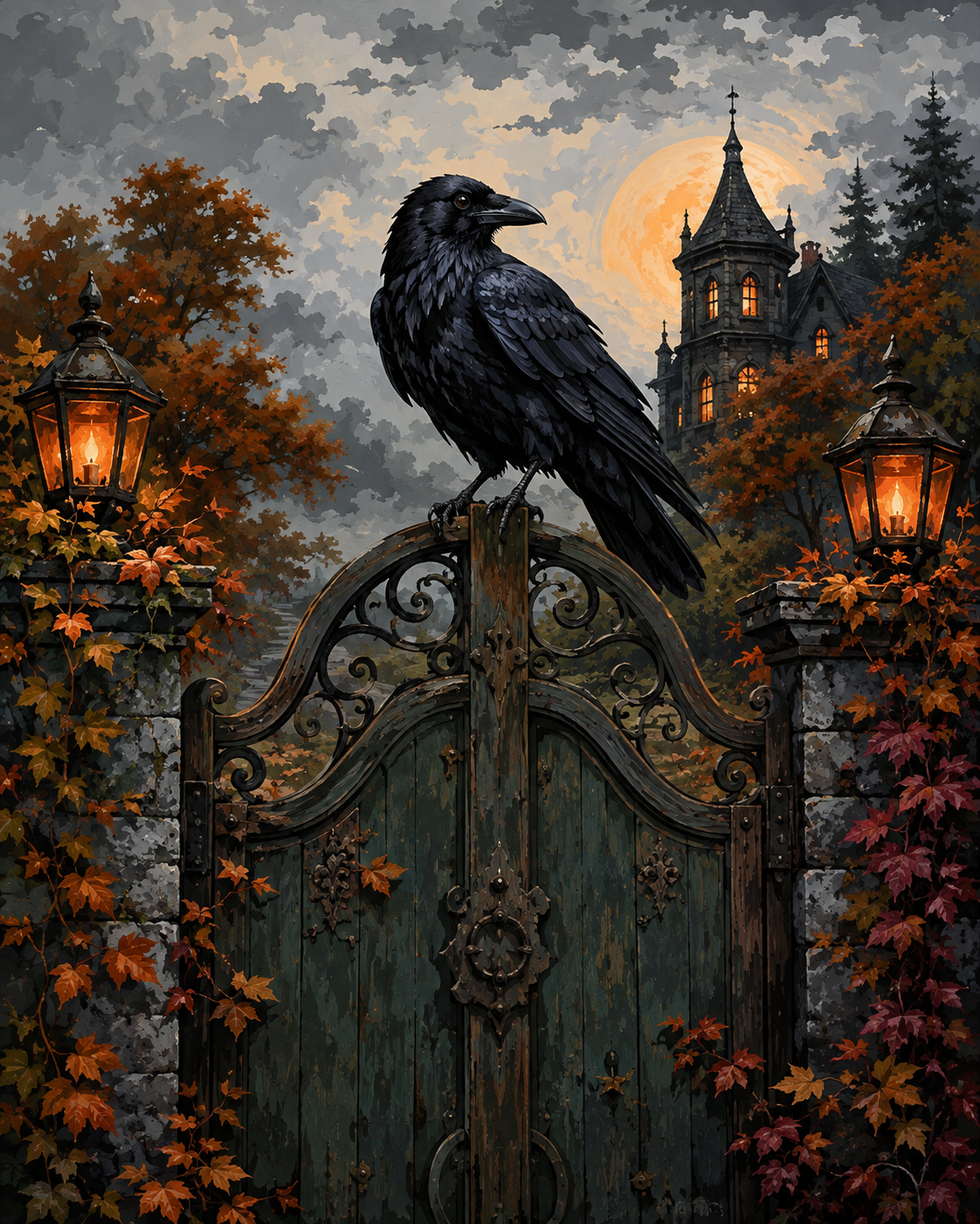 Malen nach Zahlen Die Krähe auf dem alten Tor – Halloween-Motiv
