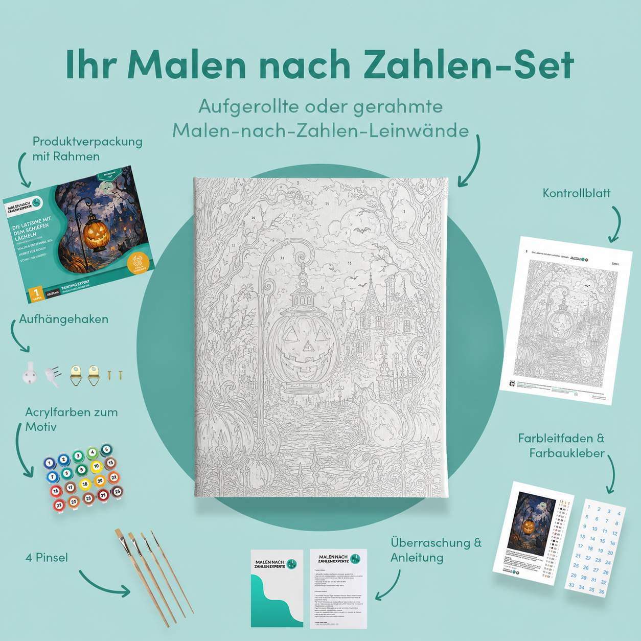 Inhalt des Malen-nach-Zahlen-Sets Die Laterne mit dem schiefen Lächeln