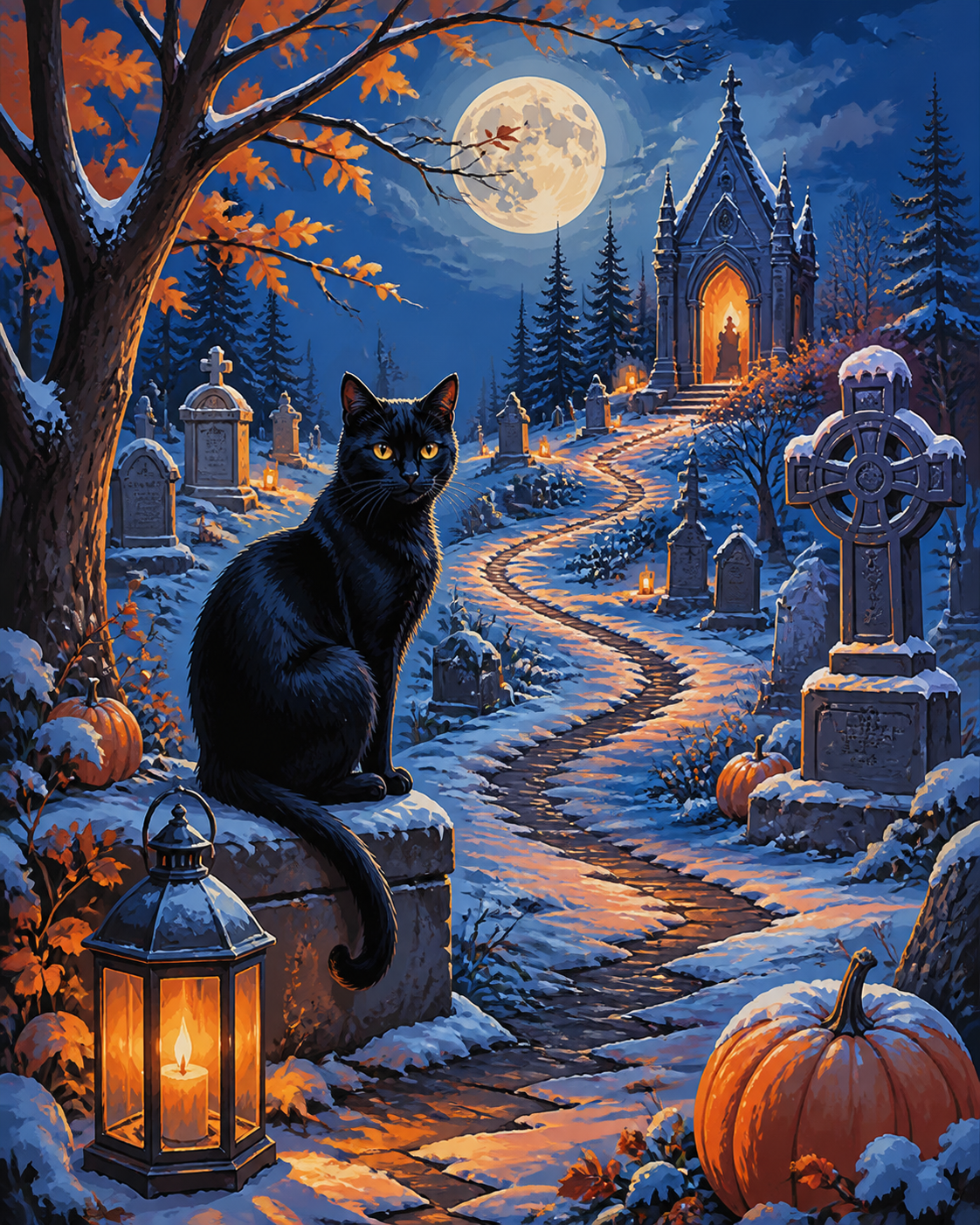 Malen nach Zahlen Die schwarze Katze im Winterfriedhof – Halloween-Motiv