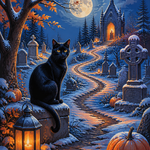 Malen nach Zahlen Die schwarze Katze im Winterfriedhof – Halloween-Motiv