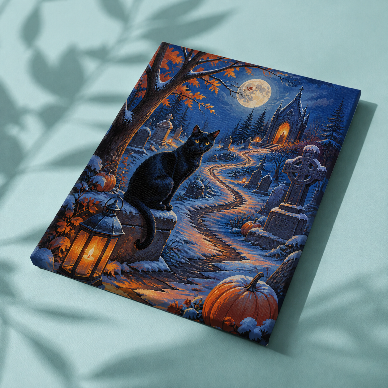 Fertige Leinwand Die schwarze Katze im Winterfriedhof auf Stoff