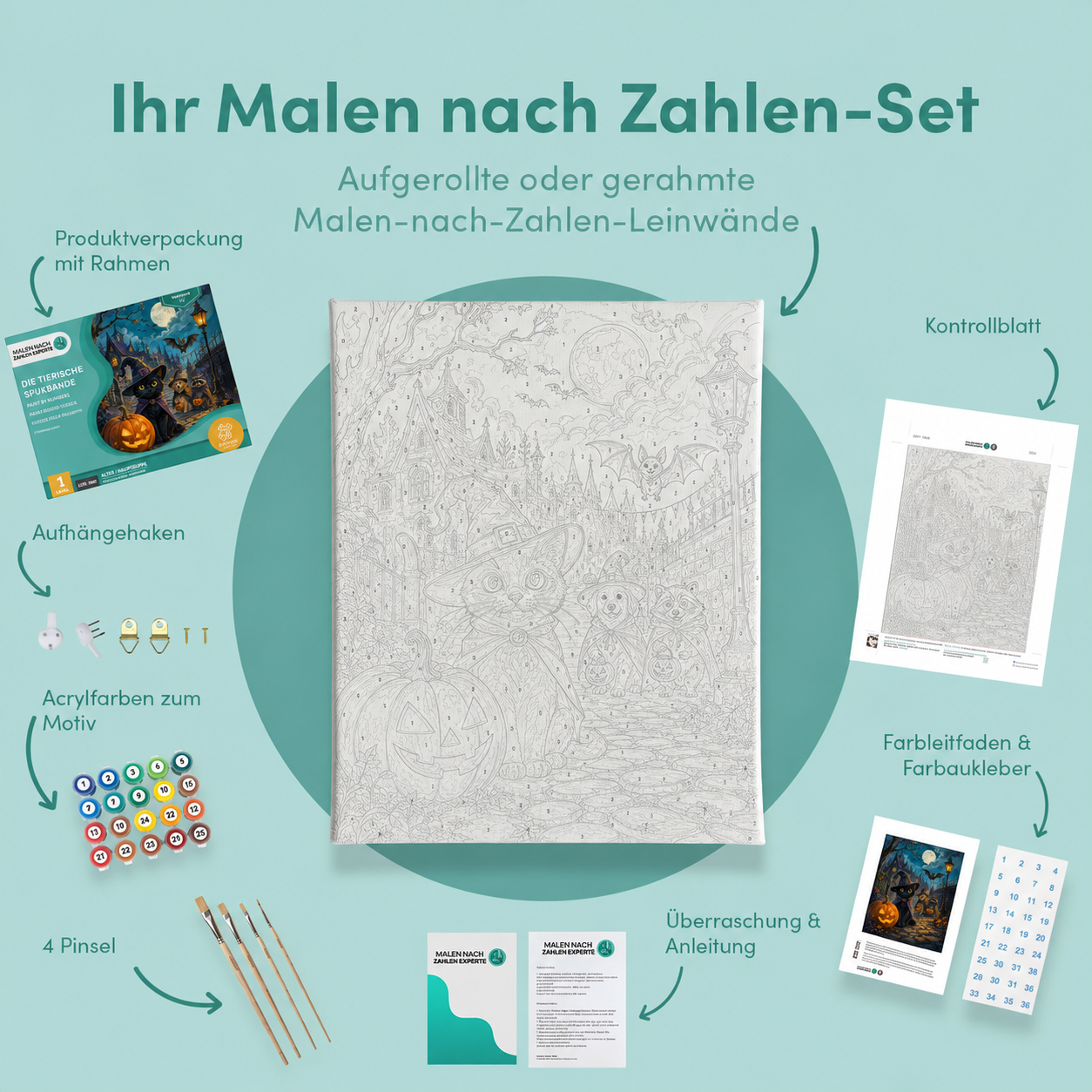 Inhalt des Malen-nach-Zahlen-Sets Die tierische Spukbande