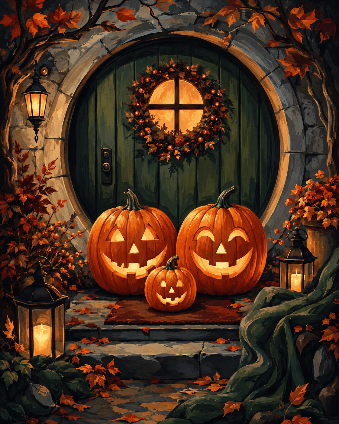 Malen nach Zahlen Familie Kürbis vor der Tür – Halloween-Motiv